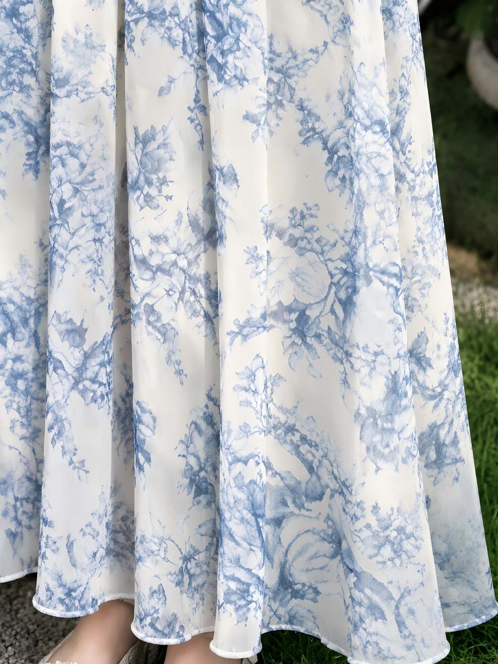花柄プリント Vネック シフォン ロングワンピース