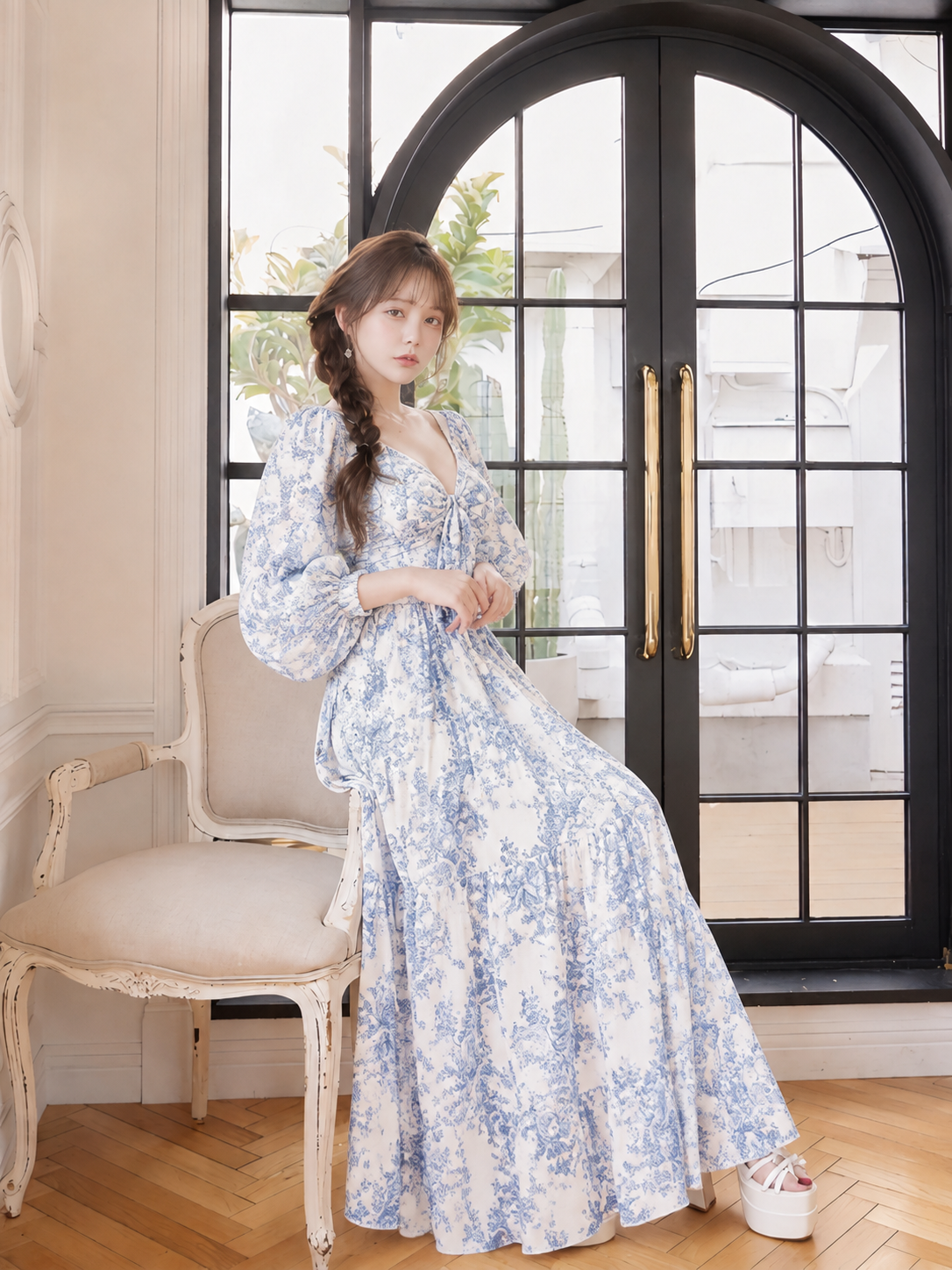 花柄プリント Vネック シフォン ロングワンピース
