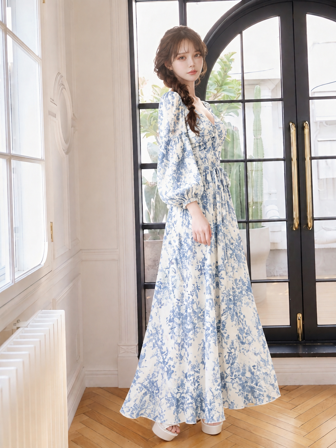 花柄プリント Vネック シフォン ロングワンピース