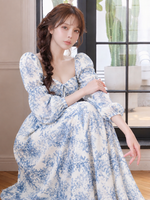 花柄プリント Vネック シフォン ロングワンピース