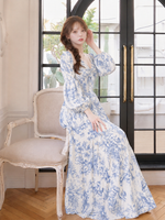 花柄プリント Vネック シフォン ロングワンピース