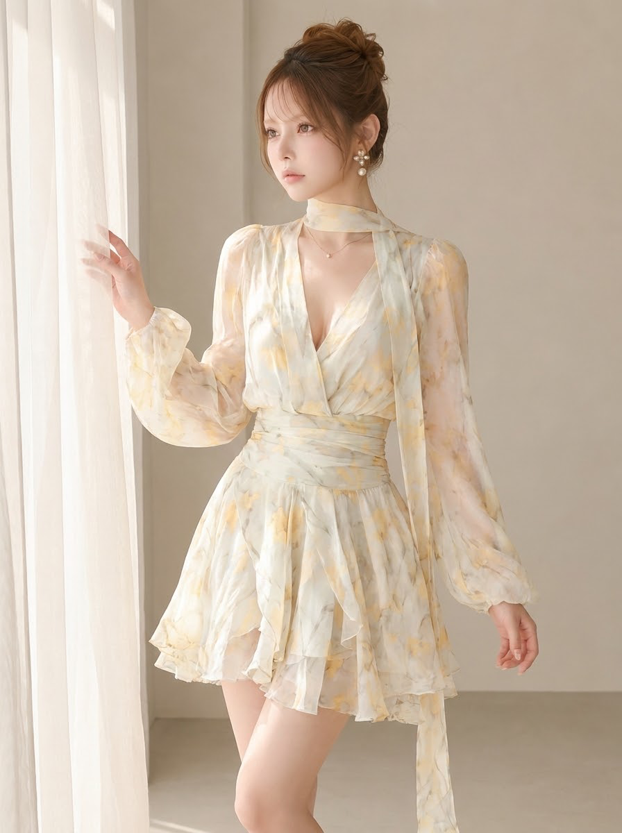 Aライン 長袖 切替 シフォン ミニワンピース