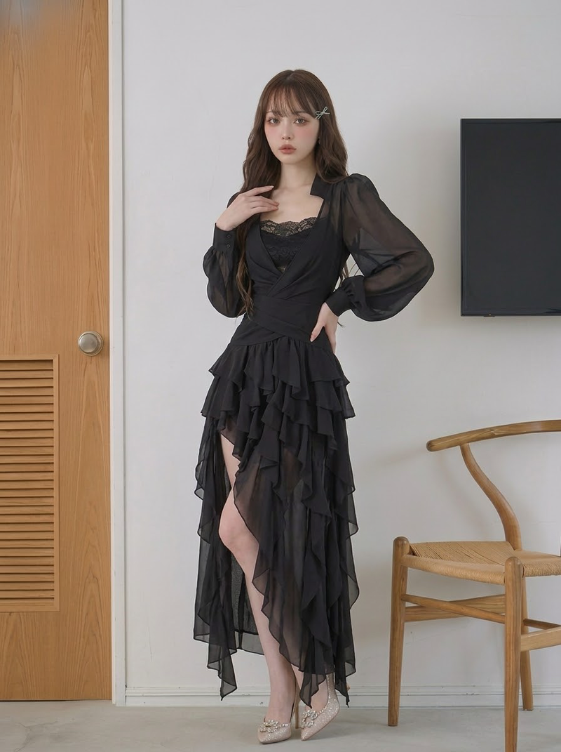 単品注文可 セットアップ スリット レース 無地 長袖 セクシー トップス+スカート+タンクトップ 3点セット-ブラック / トップス/単品-XL