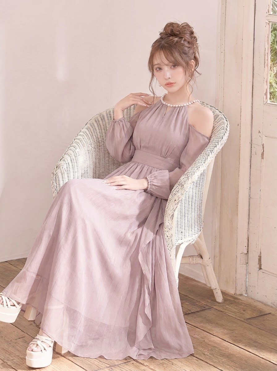 オフショルダー パフスリーブ シフォン ロングワンピース