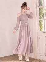オフショルダー パフスリーブ シフォン ロングワンピース
