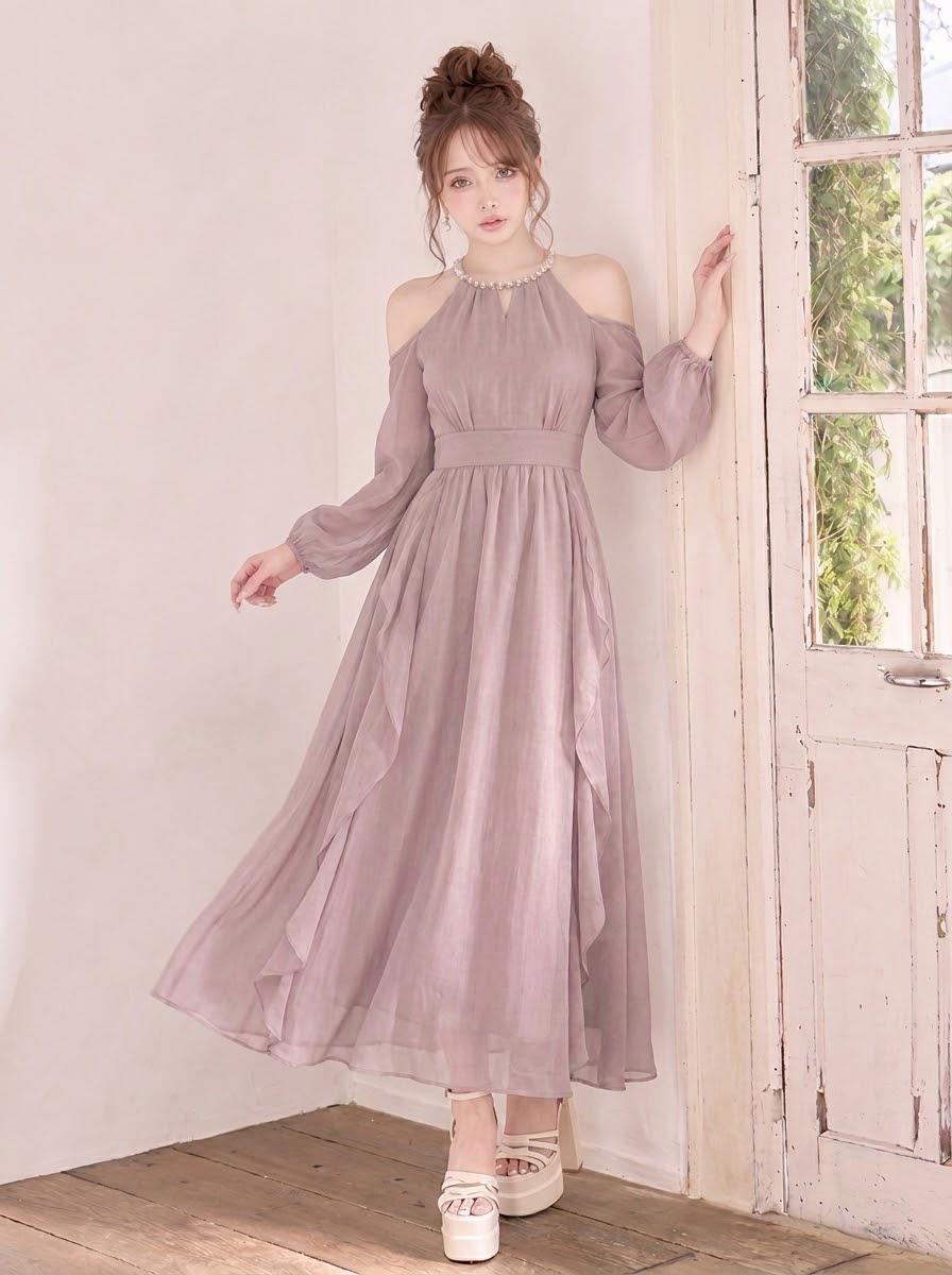 オフショルダー パフスリーブ シフォン ロングワンピース