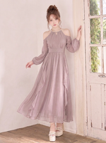 オフショルダー パフスリーブ シフォン ロングワンピース