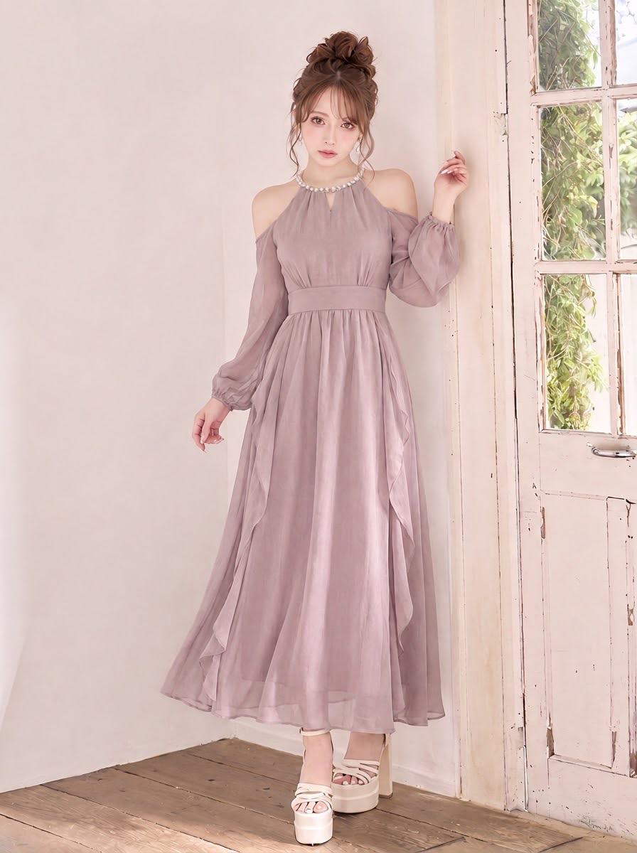 今季人気 フリル オフショルダー パフスリーブ シフォンドレス-パープル-2XL