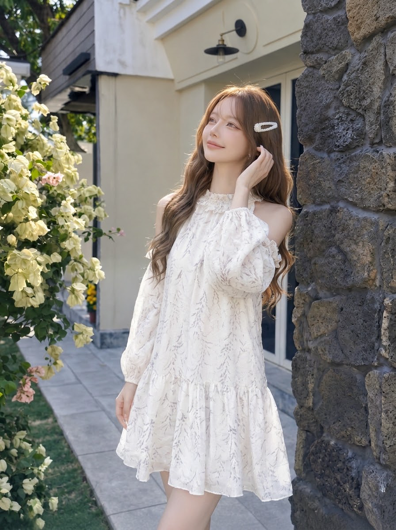 花柄プリント パフスリーブ 長袖 切替 ミニワンピース