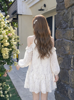 花柄プリント パフスリーブ 長袖 切替 ミニワンピース