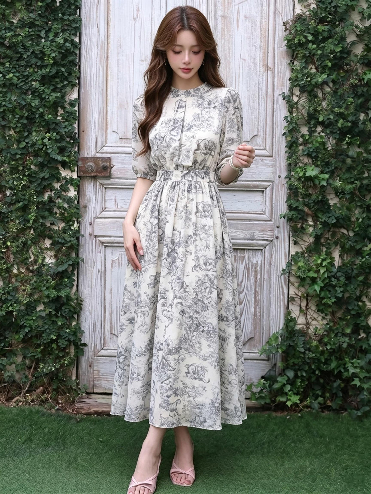七分袖 総柄プリント Aライン ロングワンピース