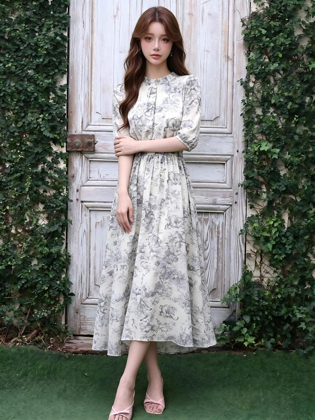七分袖 総柄プリント Aライン ロングワンピース