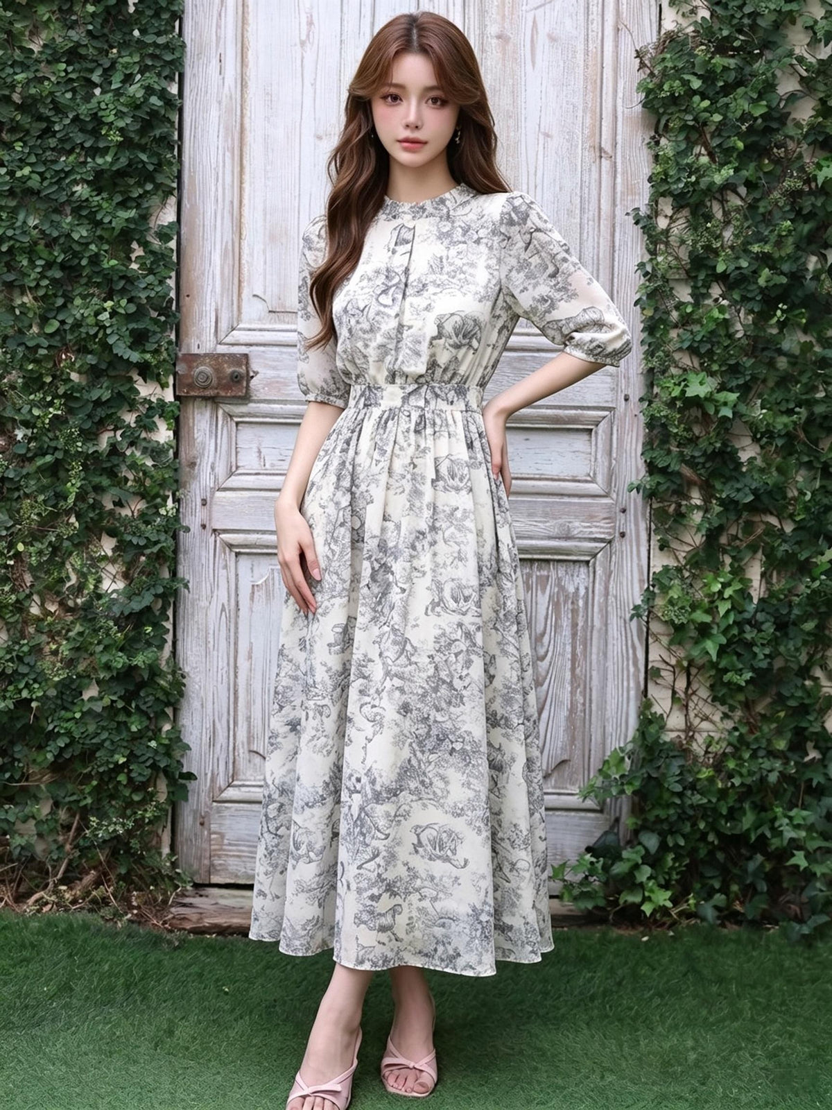 七分袖 総柄プリント Aライン ロングワンピース