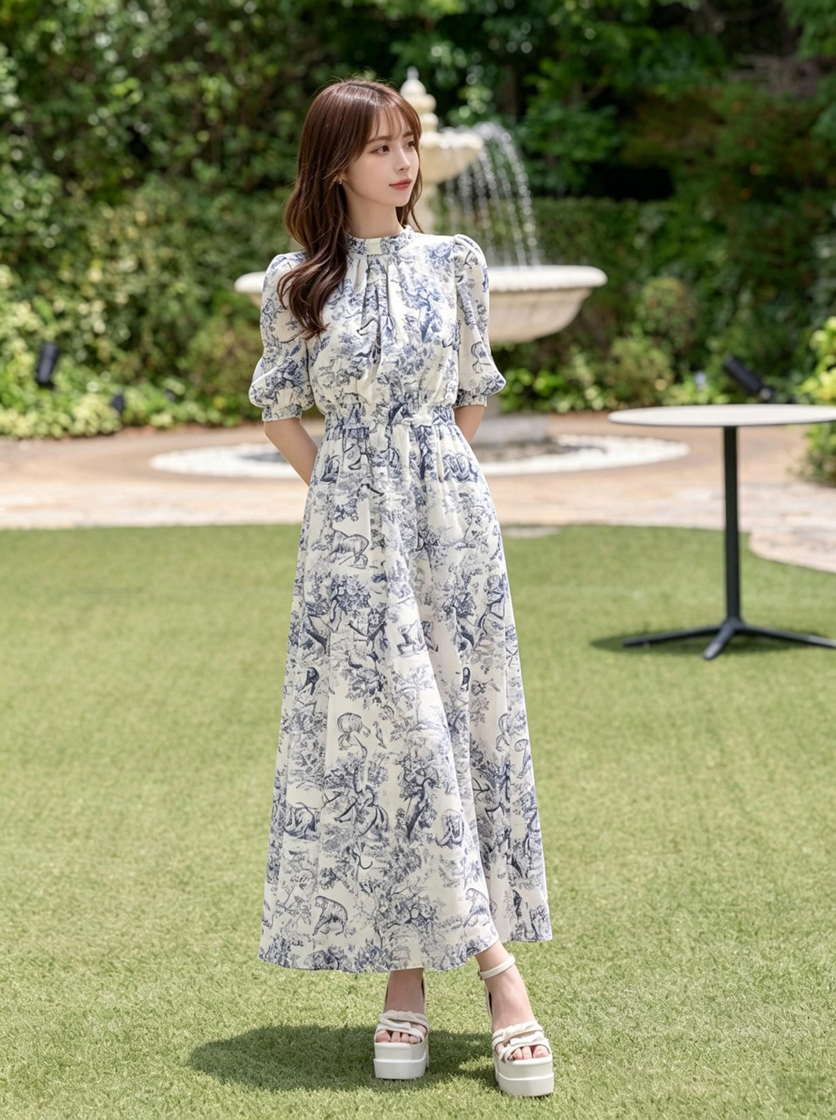 七分袖 総柄プリント Aライン ロングワンピース