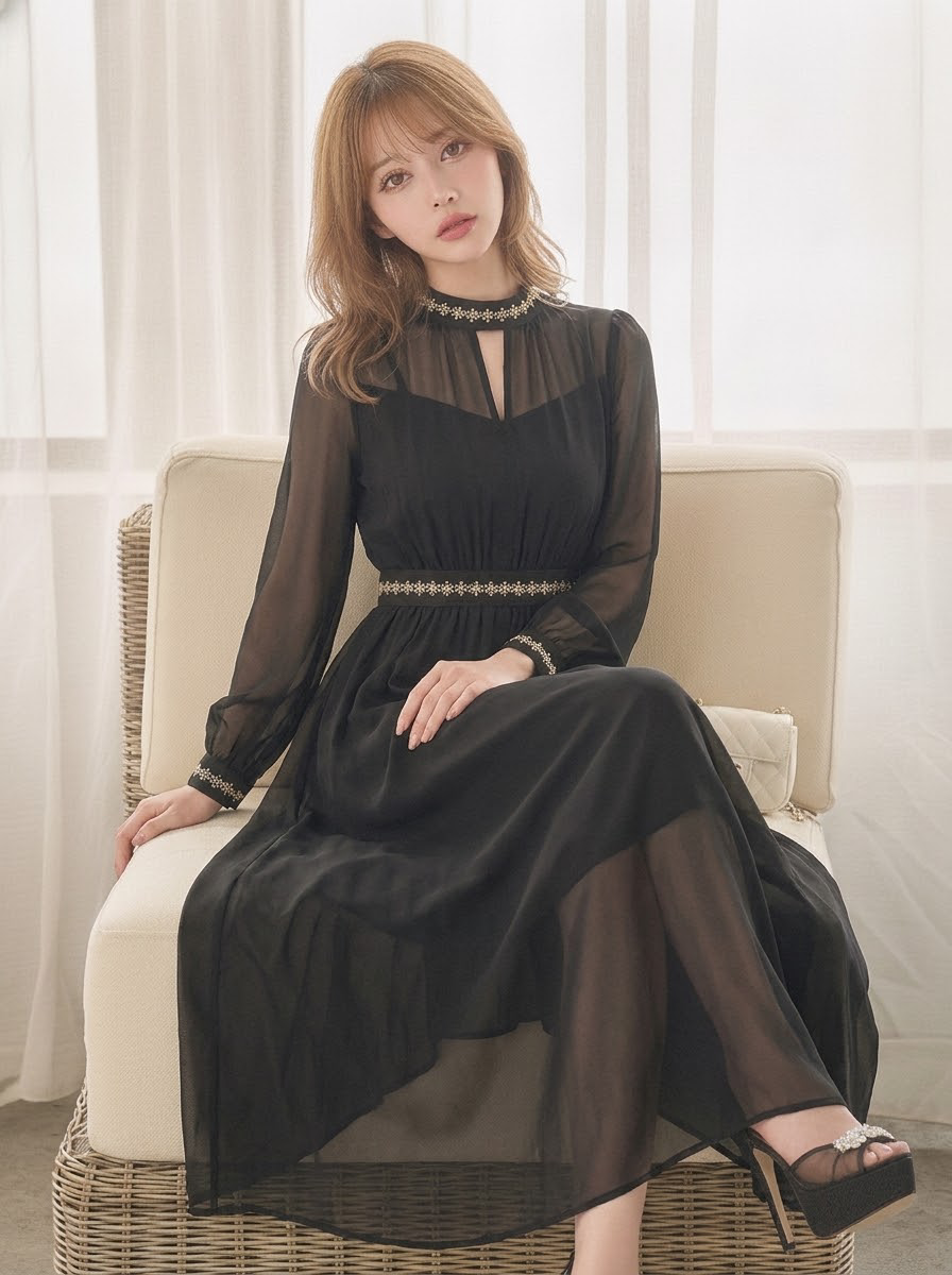 シフォン ハイウエスト ロングワンピース