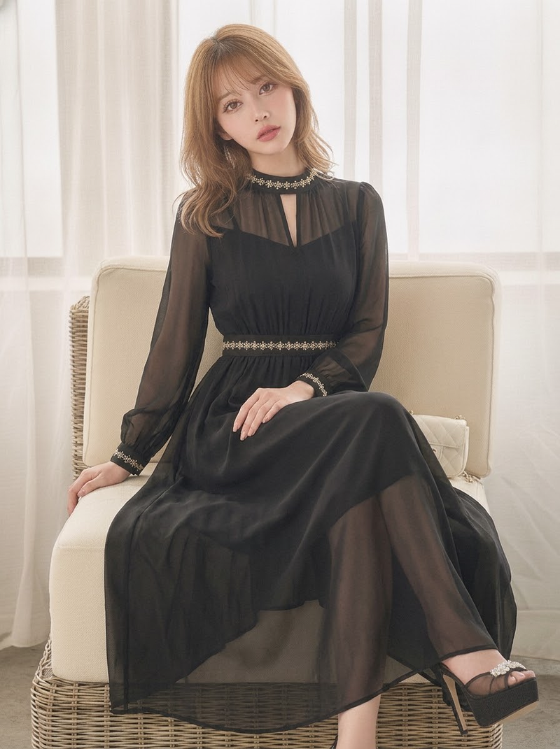 シフォン ハイウエスト ロングワンピース