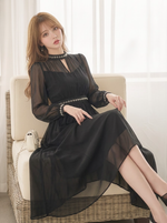 シフォン フェミニン ハイウエスト 黒ワンピース-ブラック-2XL