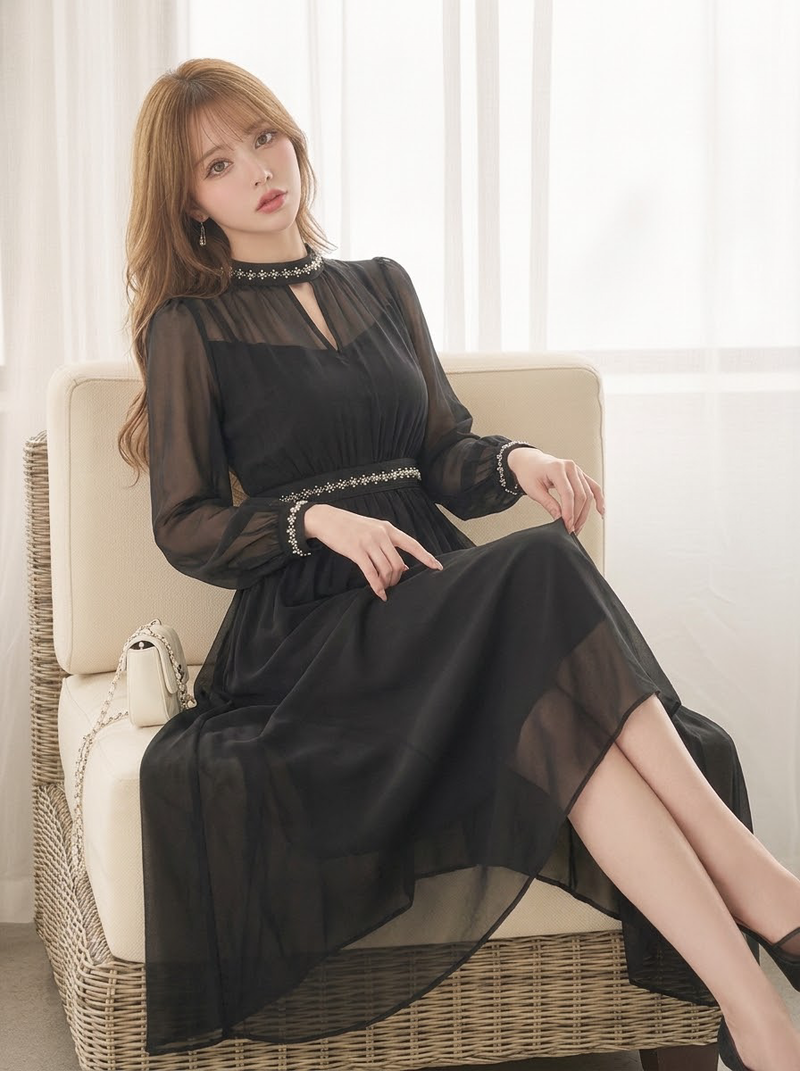 シフォン フェミニン ハイウエスト 黒ワンピース-ブラック-2XL