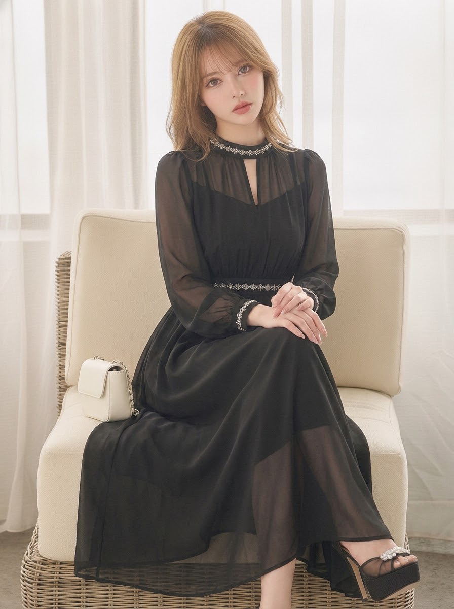 シフォン ハイウエスト ロングワンピース