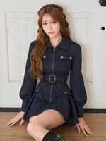 パフスリーブ ファスナー ベルト付き 長袖 デニム ミニドレス-ダークブルーブルー-XL