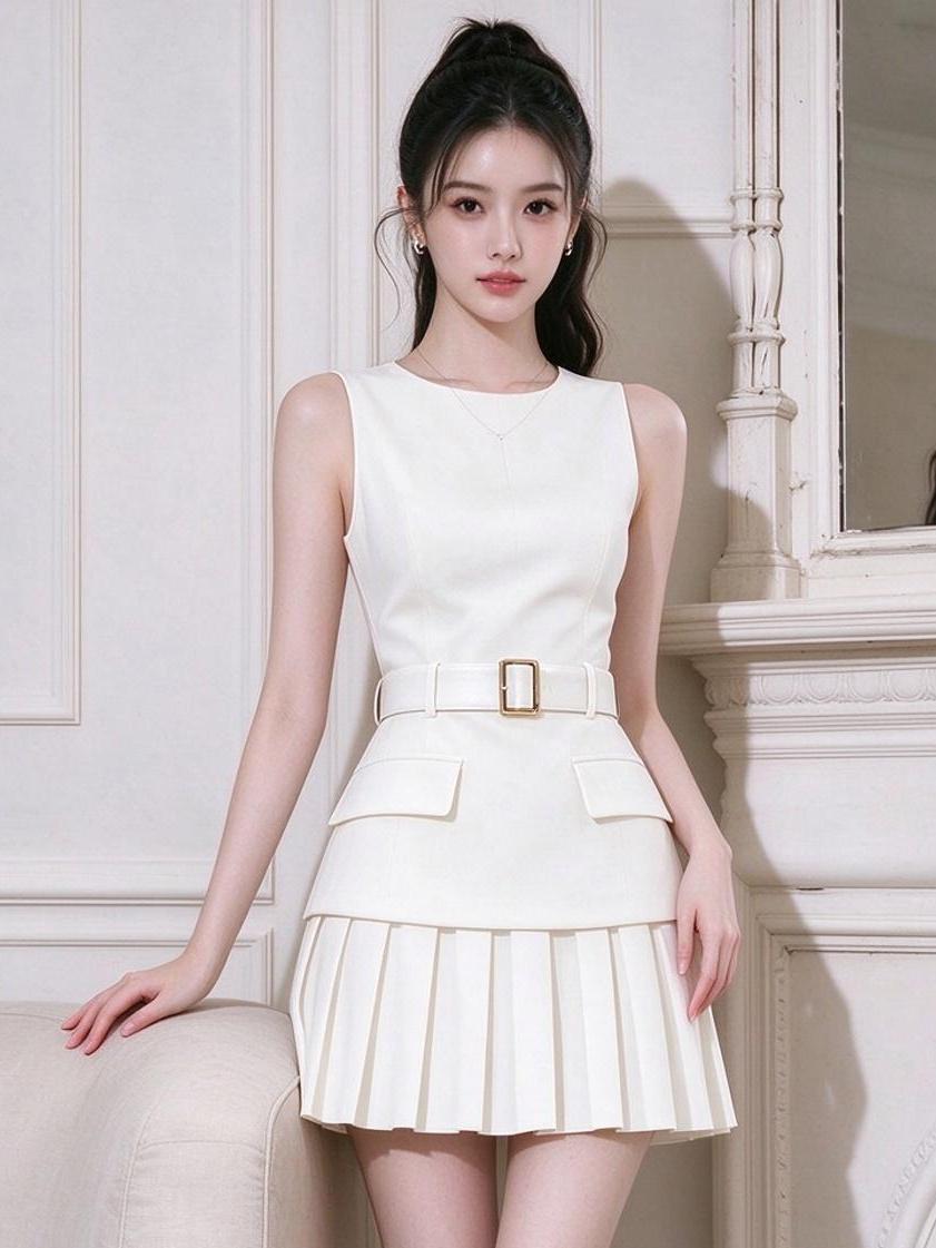 プリーツ ノースリーブ ベルト付き ミニワンピース