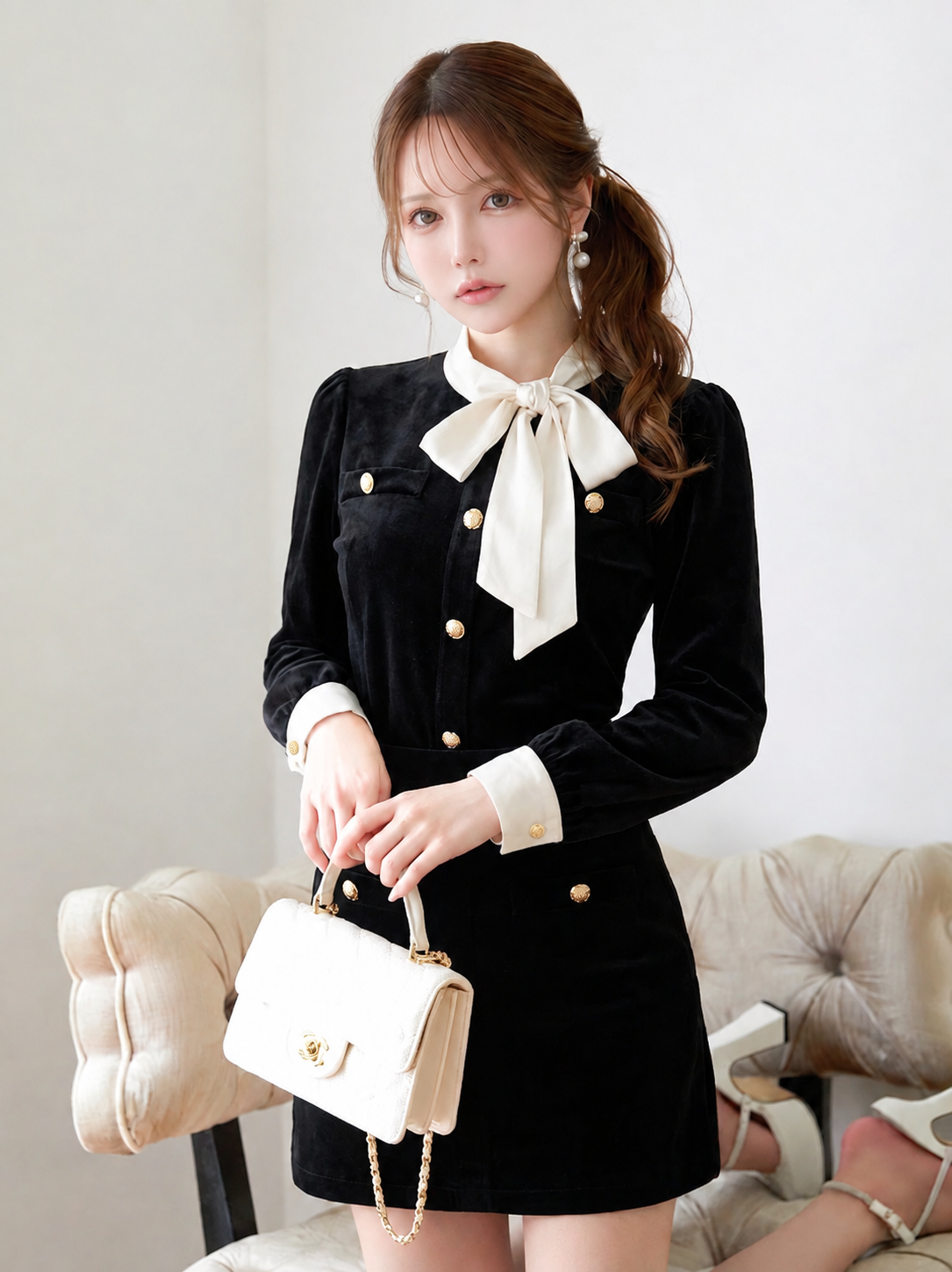 パフスリーブ 配色 長袖 トップス+スカート 二点セット-ブラック/【2点セット】-2XL