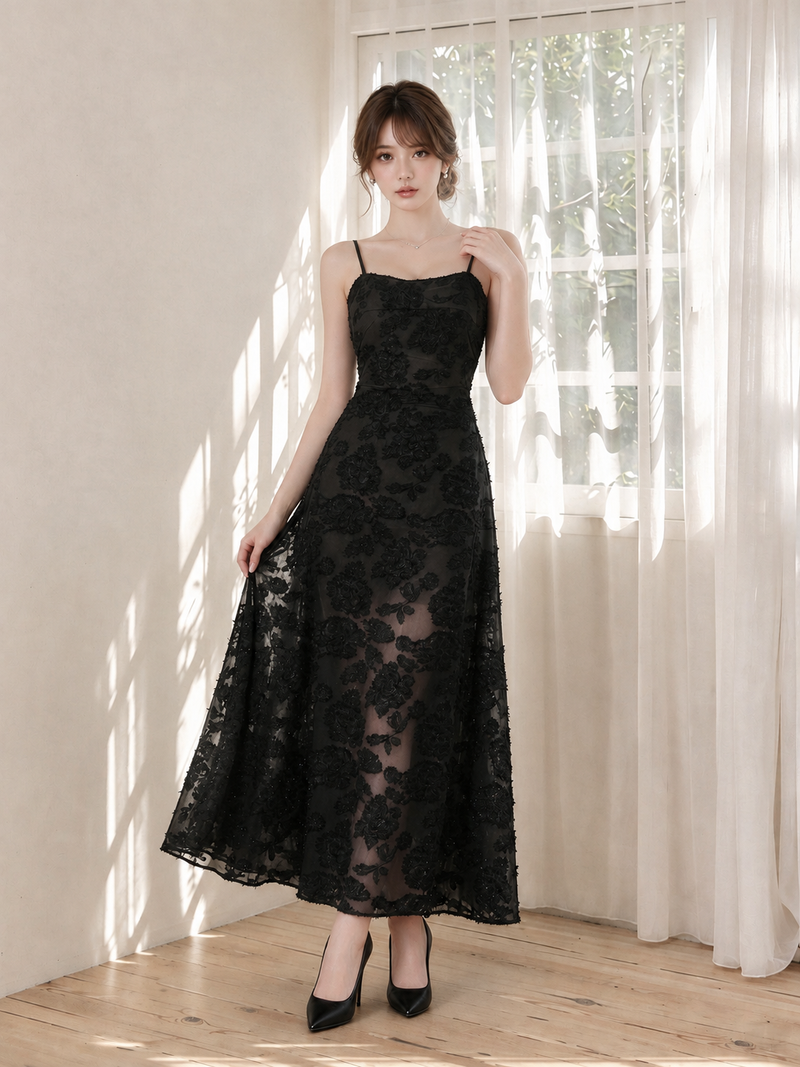 ノースリーブ 無地 切り替え 花模様 レース キャミワンピース ロング パーティードレス-ブラック-2XL