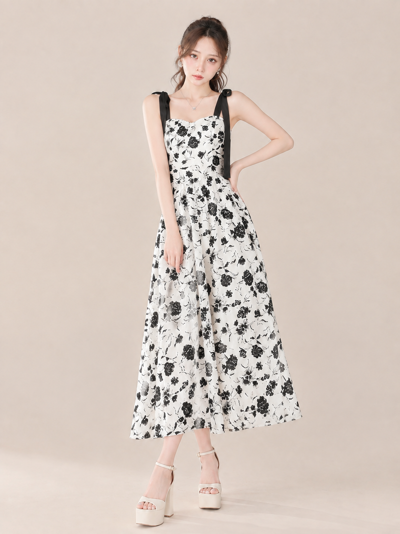 ノースリーブ 花柄プリント ロングワンピース