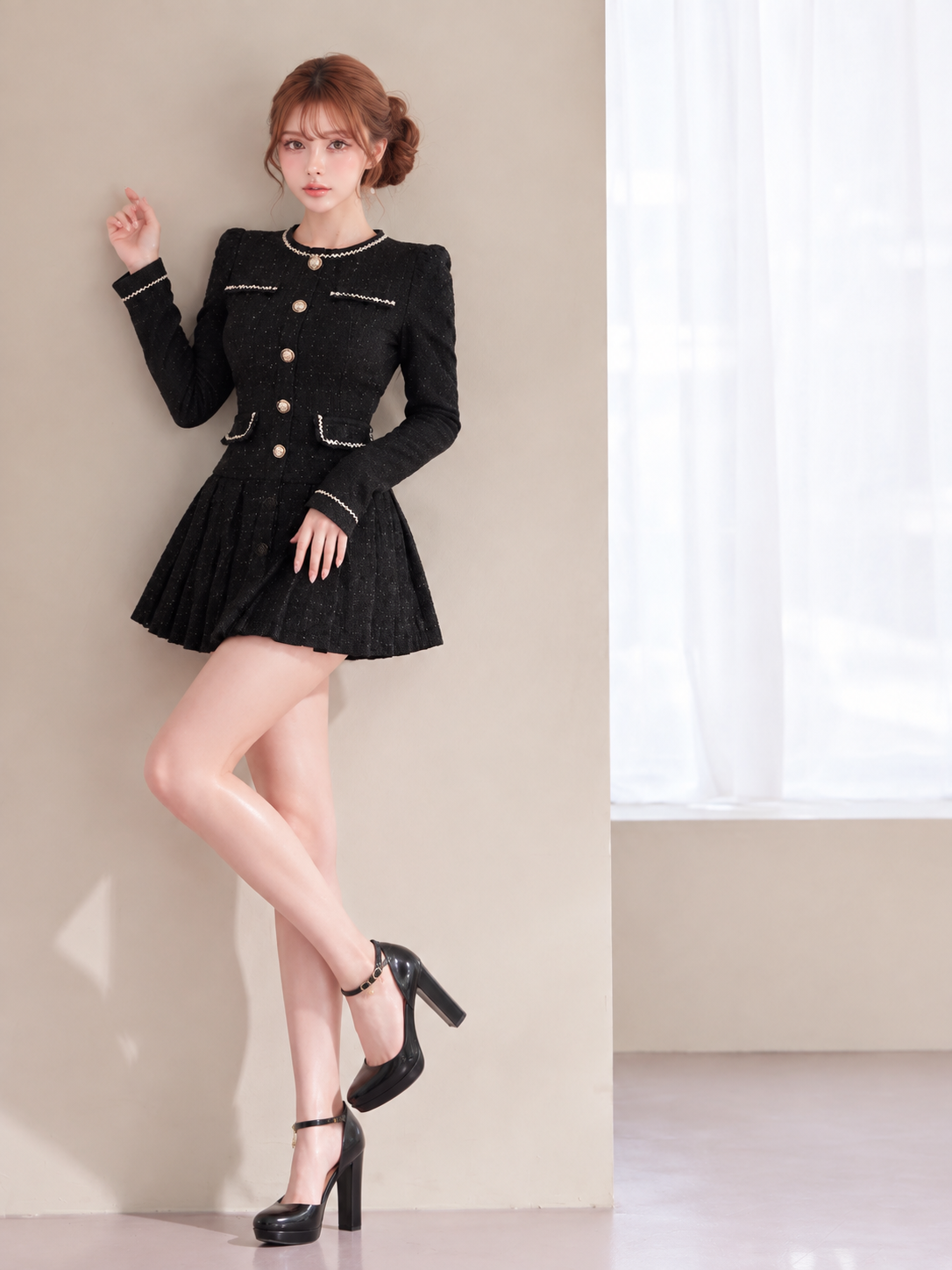ボタン付き プリーツ 長袖 Aラインワンピース
