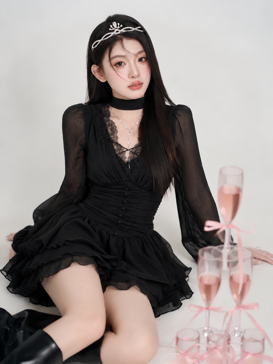 パフスリーブ 長袖トップス＆スカート 2点セット