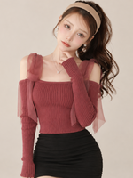 ボウタイ 長袖 チュール ニット セーター トップス-レンガレッド-2XL