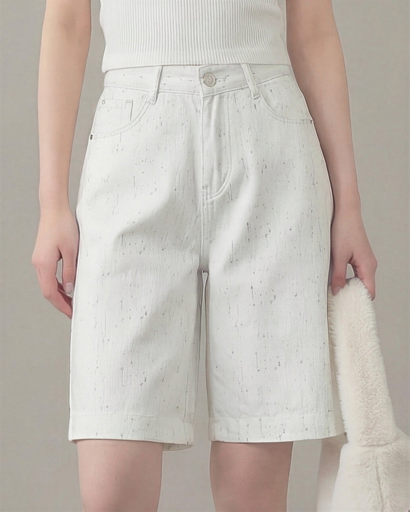 高腰寬褲管五分彩點牛仔短褲