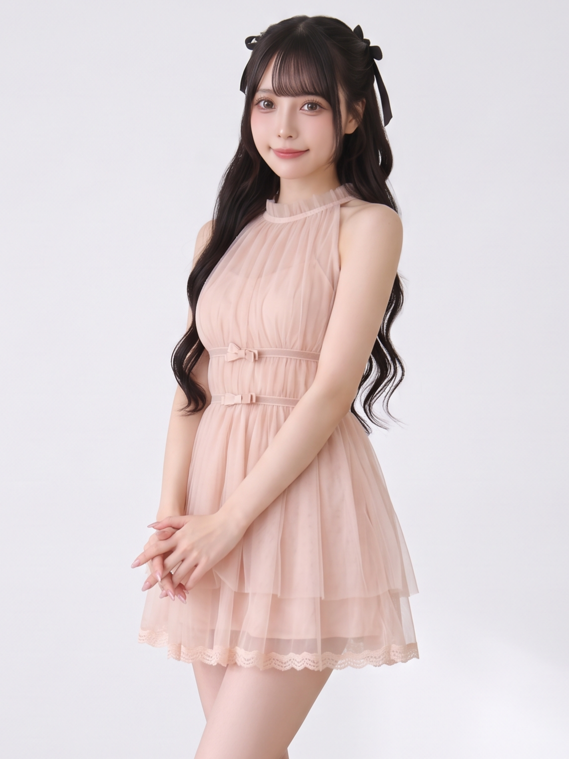 レース ノースリーブ リボン付き ギャザー ミニワンピース