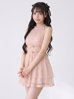 レース ノースリーブ リボン付き ギャザー ミニワンピース