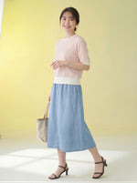 淺米色細條紋 羅紋收口 五分袖短版T恤