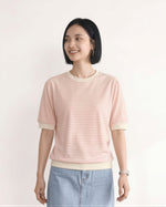 淺米色細條紋 羅紋收口 五分袖短版T恤