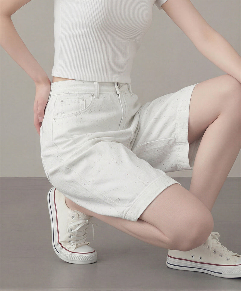 高腰寬褲管五分彩點牛仔短褲-白色-4XL