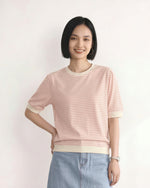 淺米色細條紋 羅紋收口 五分袖短版T恤