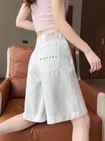 高腰寬褲管五分彩點牛仔短褲