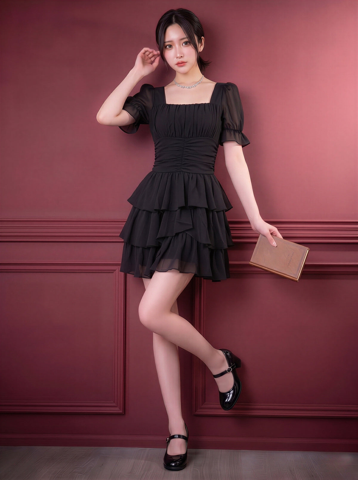 スクエアネック ウエストシェイプ ティアードフリルワンピース
