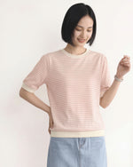 淺米色細條紋 羅紋收口 五分袖短版T恤
