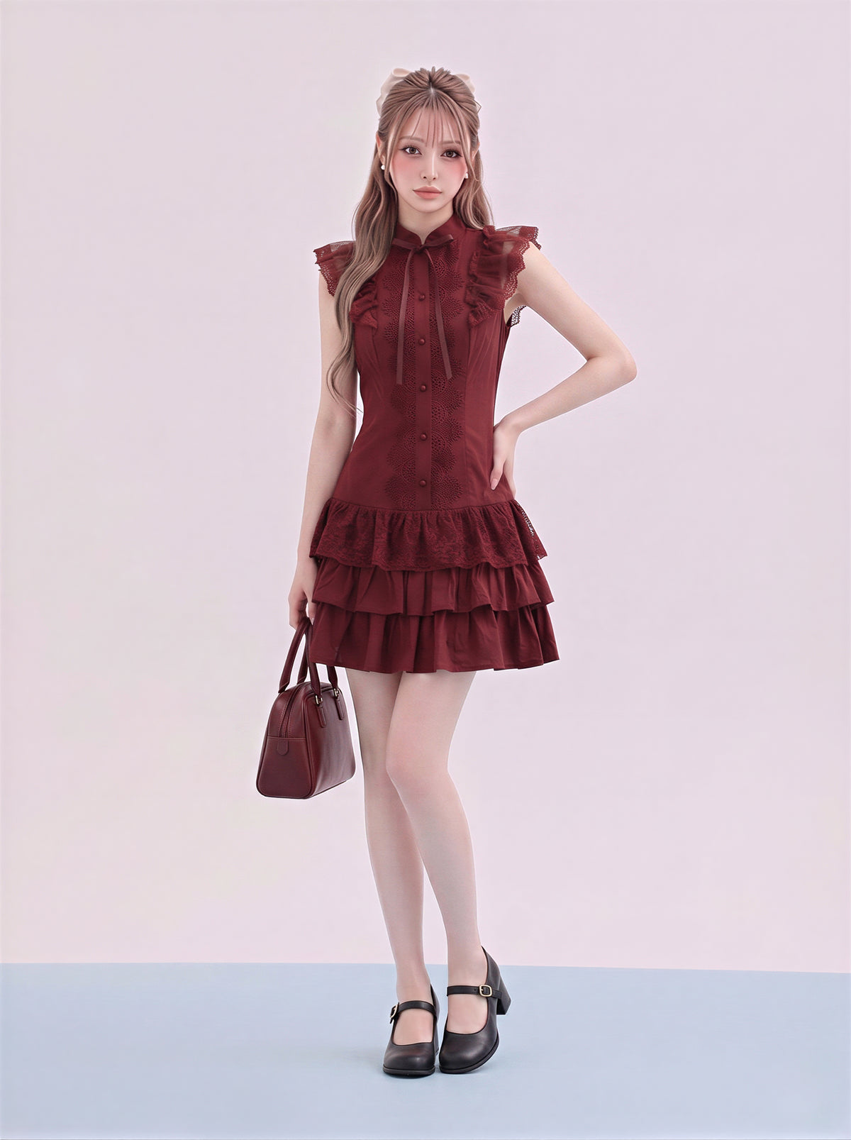 メロウフリルリボン ティアードフリルヘム ノースリーブワンピース