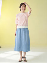 淺米色細條紋 羅紋收口 五分袖短版T恤