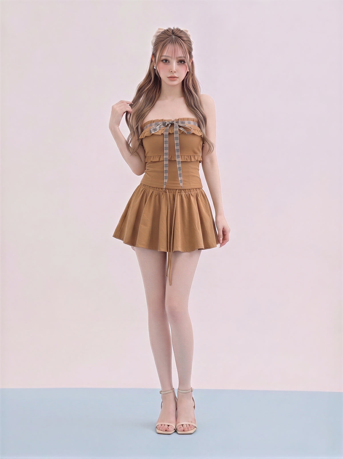 オフショルダー フリル リボン付き ショートパンツ 2点セット-ダークベージュ-M