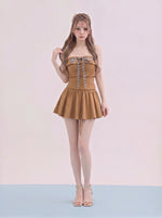 オフショルダー フリル リボン付き ショートパンツ 2点セット-ダークベージュ-M