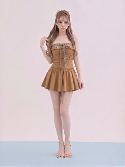 オフショルダー フリル リボン付き ショートパンツ 2点セット-ダークベージュ-M