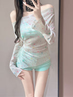 オフショルダー ドローストリング 星柄プリント セパレート3点セット水着（長袖羽織／UVカットトップス、スイムショーツ、スカートボトム付き）-ブルー-XL