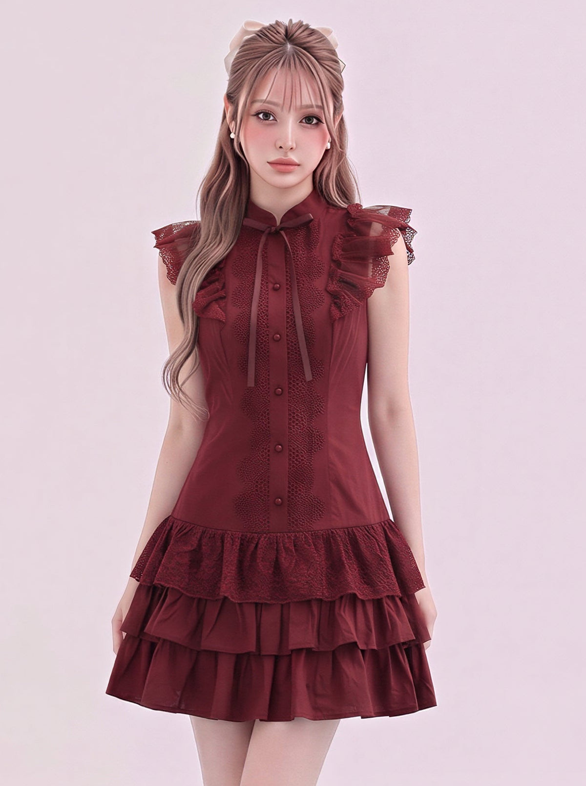 メロウフリルリボン ティアードフリルヘム ノースリーブワンピース-ワイン ワンピース-XL
