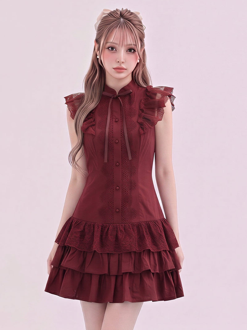 メロウフリルリボン ティアードフリルヘム ノースリーブワンピース-ワイン ワンピース-XL