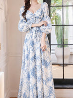 花柄プリント Vネック シフォン ロングワンピース